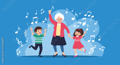 Happy grandmother and two grandchildren dancing playfully amidst musical notes, celebrating music and family bonding.