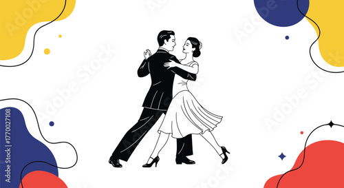 An elegant couple in formal attire ballroom dancing gracefully, depicted in a classic black and white illustration with a modern, colorful background.