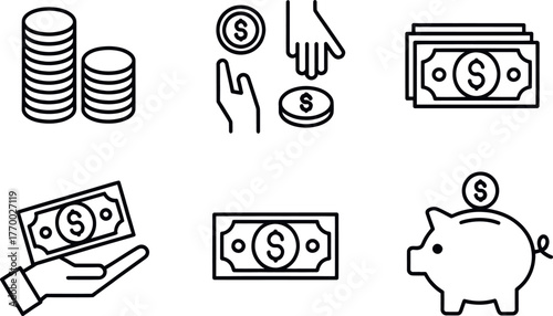 Set of six black and white line art icons representing finance money and savings concepts vector