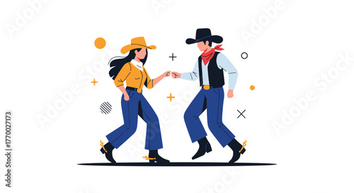 Dynamic duo of a cowboy and cowgirl in western attire sharing a friendly fist bump or performing a synchronized dance step.