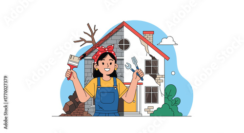 A cheerful woman stands ready to renovate and repair a dilapidated house, symbolizing home improvement and maintenance.