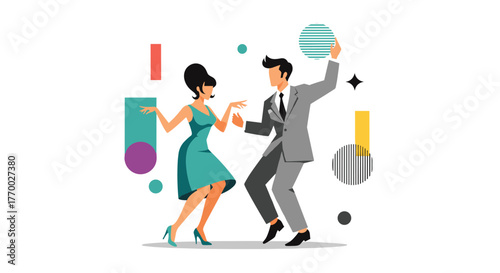 A stylish man and woman in retro attire energetically dance together at a lively party, surrounded by abstract geometric shapes.