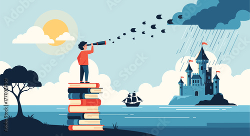 A person stands on books, looking through a telescope at a distant castle under a storm, illustrating knowledge, discovery, and future challenges.