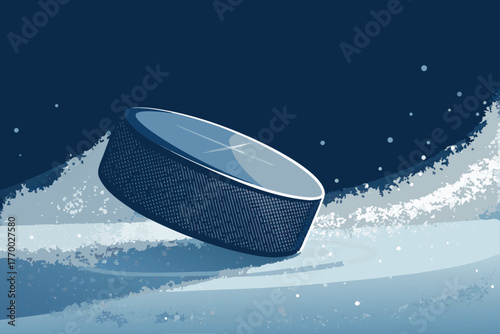 A sharp, ultra-detailed macro shot showcases a black hockey puck's intense friction and speed, leaving a pristine icy trail.