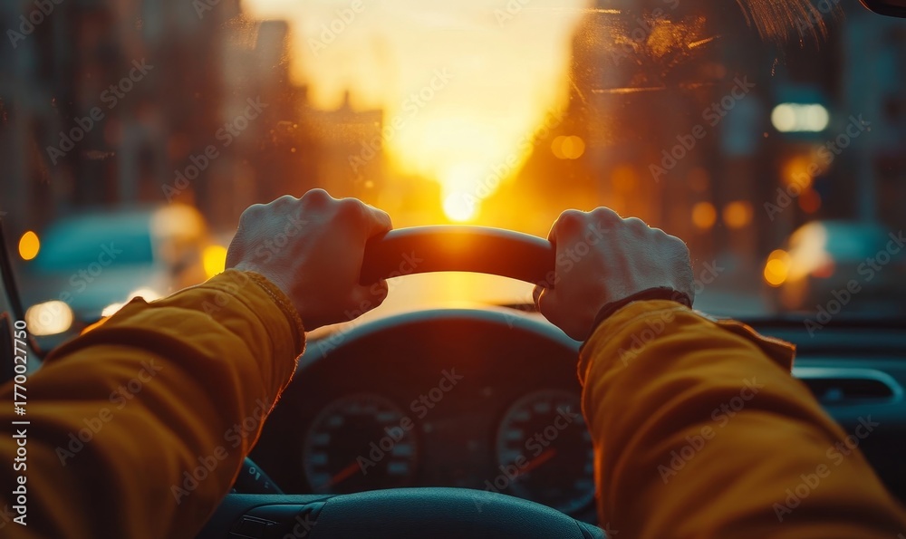 Obraz premium Close-up of hands on a steering wheel, driving through the city during sunrise or sunset. This scene symbolizes vehicle insurance, road safety, and travel, highlighting the importance, Generative AI