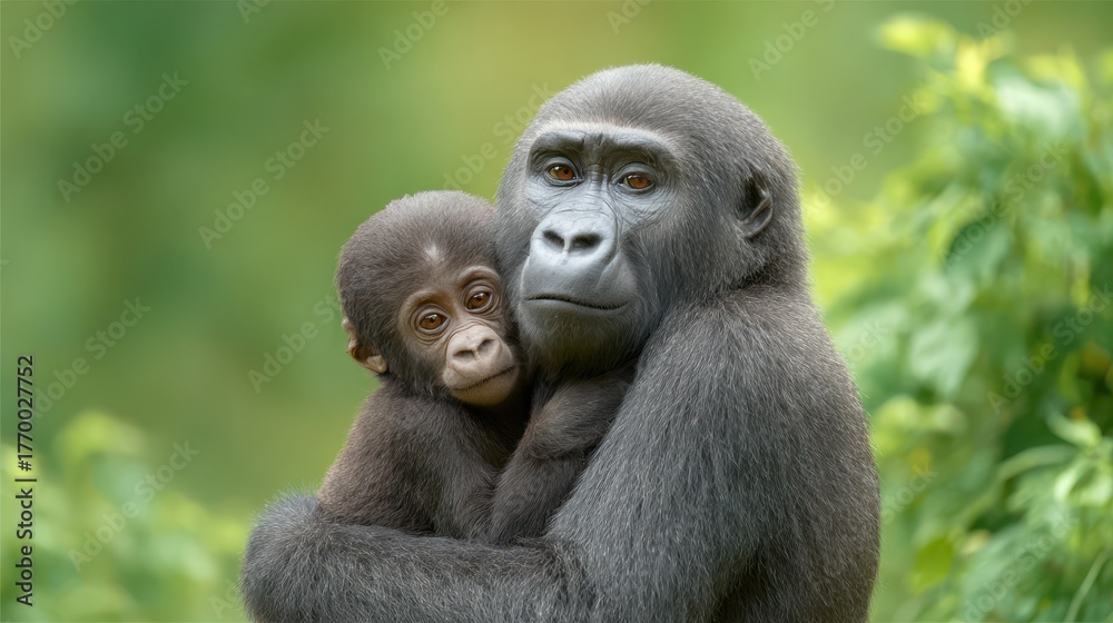 Fototapeta premium A tender moment between a mother gorilla and her baby, showcasing the bond and care in a natural setting.