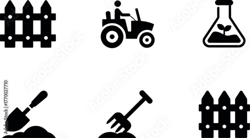 Set of six minimalist icons farm tractor picket fence garden tools and plant growth science vector