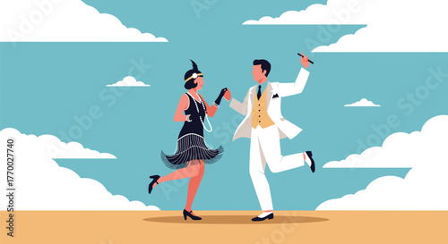A joyous couple in 1920s flapper and Gatsby attire dances outdoors, embodying the spirit of the Roaring Twenties.