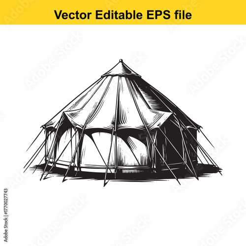 Vintage style illustration of a large canvas tent with poles and ropes