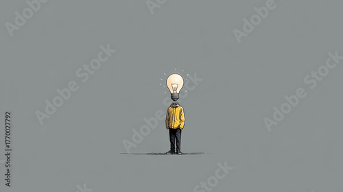 Person lightbulb creativity idea inspiration minimal gray background yellow jacket