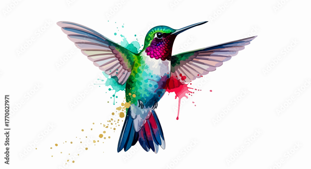 Obraz premium Vibrant modern watercolor hummingbird in dynamic flight, showcasing an expressive blend of bright colors and delicate splatters, a captivating illustration of nature's beauty and artistic freedom