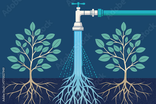 Macro perspective of nutrient drip nozzle watering plants, highlighting precise agricultural technology and life-giving hydration in cultivation.