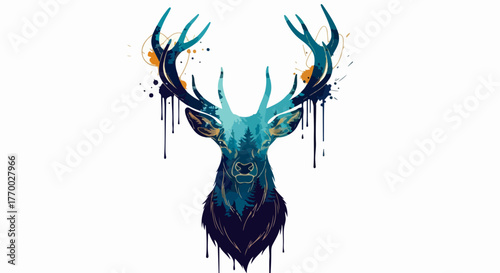 Dynamic modern watercolor deer head illustration, an abstract graphic design with vibrant paint splatters, rich blue and gold tones, and artistic expression
