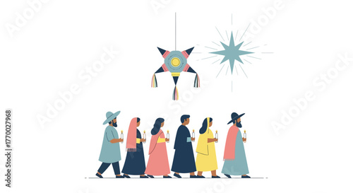 Group parades with candles under a piñata and star symbolizing culture and tradition