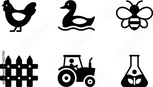 Set of six black and white minimalist icons farm animals and agricultural elements for design vector
