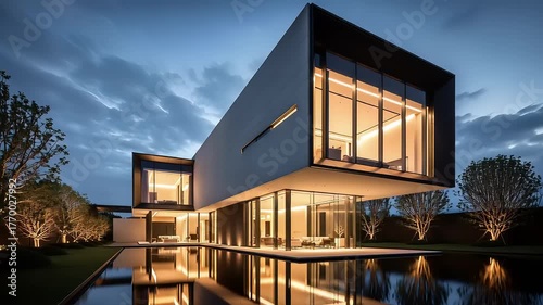 Sleek Contemporary Residence Illuminated at Twilight, Showcasing Modern Architectural Lines, Expansive Glass, and a Serene Reflective Water Feature, Embodying Luxury Living