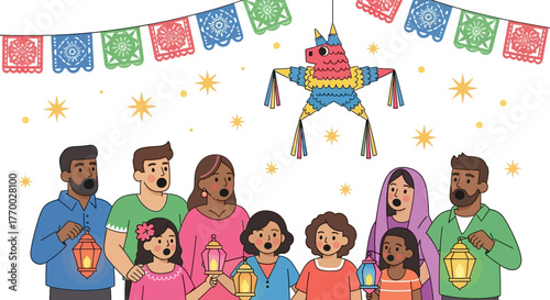 Group singing under paper decorations  piñata holding lanterns