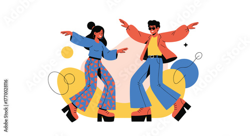 A cheerful man and woman in retro attire energetically dancing against an abstract background, celebrating with vibrant joy.