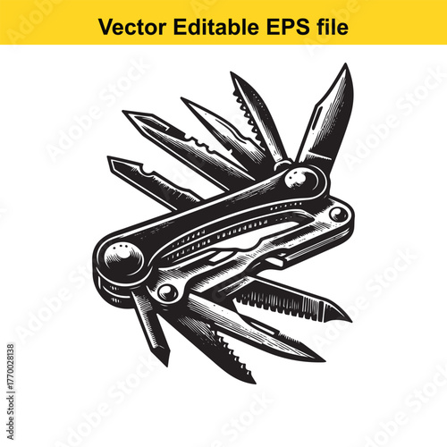 A detailed black and white illustration of a multitool knife with various blades and tools extended, isolated on a
