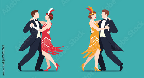 Two couples dancing in 1920s flapper and tuxedo outfits, enjoying a vintage social dance.