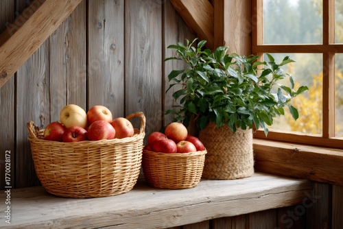 Wallpaper Mural Apples in rustic baskets by window during autumn Torontodigital.ca