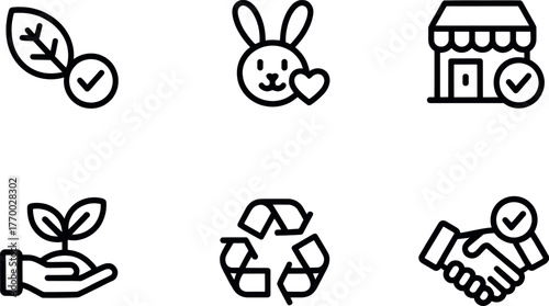Set of six minimalist line art icons for eco-friendly and ethical brands representing sustainability and trust vector