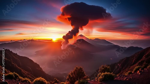 Breathtaking volcanic eruption at dawn, with a dramatic ash plume rising into a vibrant sky, casting an ethereal glow over rugged mountain peaks and valleys