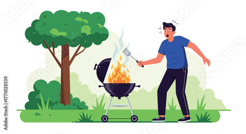 A man with a shocked expression reacts with panic as a barbecue grill erupts into large, out-of-control flames during an outdoor cooking session.