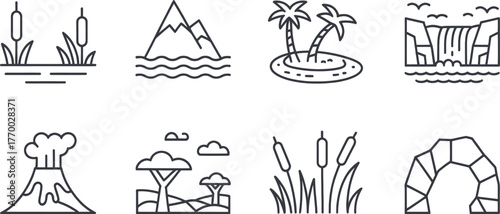 Set of eight minimalist line art landscapes nature scenes icons hand drawn elements vector