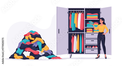 A woman happily organizes a large pile of messy clothes, transforming a cluttered space into a neat and tidy closet.