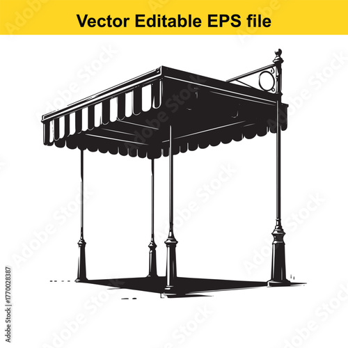 A monochrome illustration of a striped awning supported by four posts, casting a shadow on a