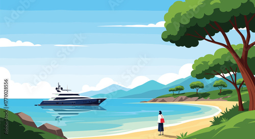 A luxurious yacht rests in a tranquil bay, observed by a woman enjoying the beautiful summer coastal landscape.