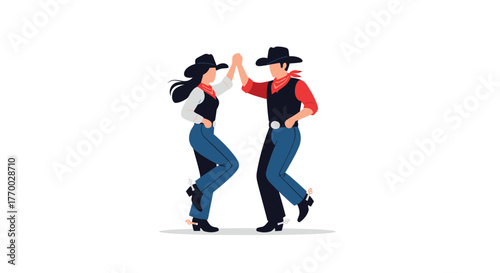 A cowboy and cowgirl joyfully high-fiving and dancing in traditional Western outfits, depicting a cheerful country western theme.