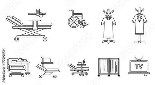 line art icons of hospital equipment beds wheelchairs privacy screens and room accessories for healthcare facility design.