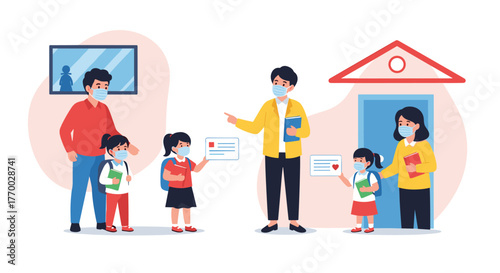 Parents and teachers guide masked students returning to school, highlighting safety protocols and the new normal.