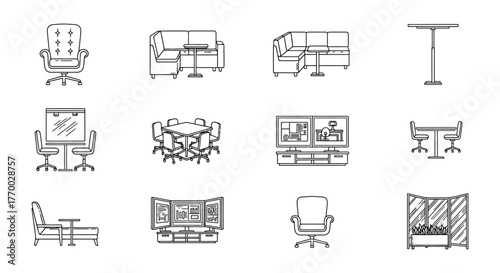 line art icons of modern office and commercial furniture meeting rooms lounge areas and workstations for interior design.