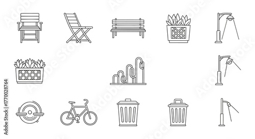 line art icons of park and urban furniture street lights benches planters and bikes for urban planning and public graphic design needs.