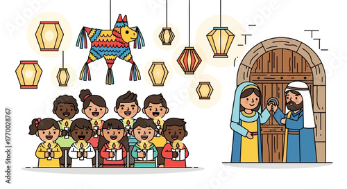 Illustration shows children singing with candles before Mary and Joseph at a door lanterns  a piñata above