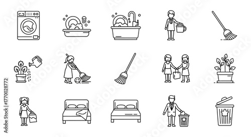 line art icons of household chores and daily domestic tasks illustrating home cleaning organizing gardening shopping and routine activities.