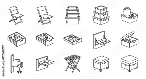isometric collection of space saving furniture and modular storage products ideal for compact living showing efficient home organization.
