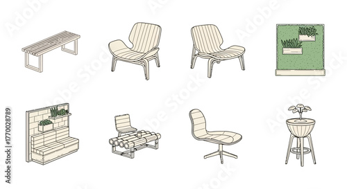 isometric modern furniture and plant illustrations featuring diverse seating and green wall designs for modern interior design.