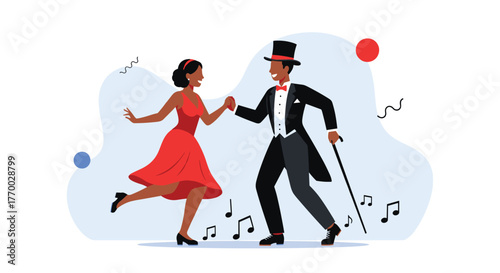 A joyful dark-skinned couple in elegant attire gracefully performs a lively dance with musical notes, celebrating rhythm and connection.