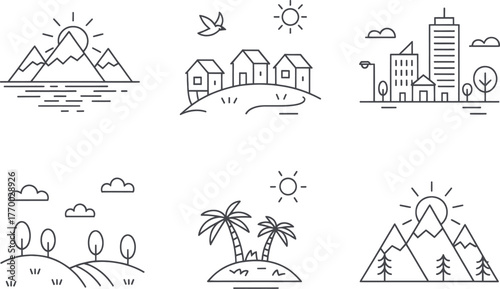 Minimalist line art scenes of nature cityscape and tropical island for design projects vector