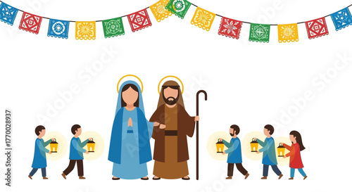 Joseph Mary and children with lanterns walk under colorful paper banners