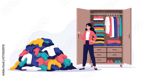 A woman stands by a neatly organized closet with hanging and folded clothes, contrasting with a large pile of unorganized garments.