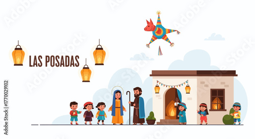 Las Posadas art Mary Joseph kids singing house with piñata lanterns