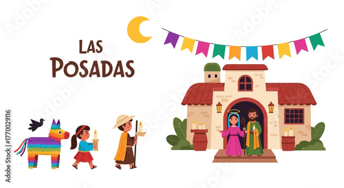 Las Posadas art Mary Joseph kids with candles piñata church  moon under colorful flags