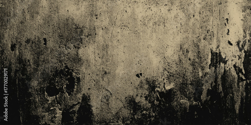 panoramic image of a highly textured and distressed surface, likely an old concrete or plaster wall shadowy blacks, deep browns, and faded sepia or beige tones.
