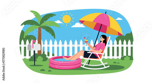 A woman relaxes in her sunny backyard, enjoying a cold drink and dipping her feet in a small inflatable pool under a colorful umbrella.