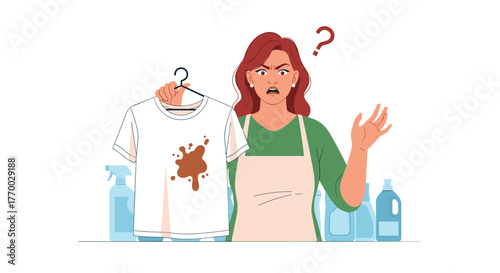 A frustrated woman is confused by a large brown stain on her white t-shirt, seeking a solution for the difficult laundry problem.